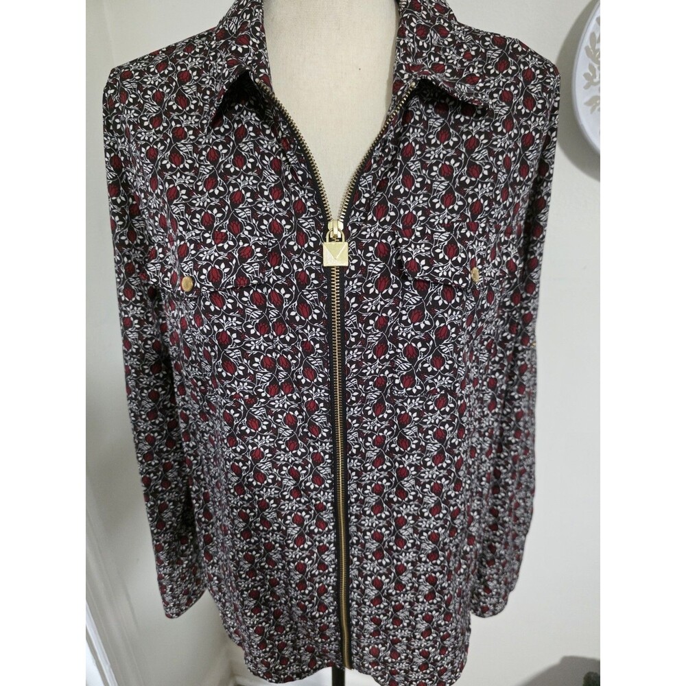 MICHAEL KORS Flower Print Zip-Front w/Pockets & Adj Sleeve Shirt Top Sz M/L EUC